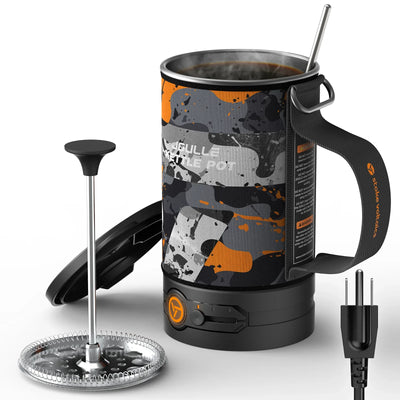 Stoke Voltaics electric kettle pot with camo design, French press accessory, and mixing stick
