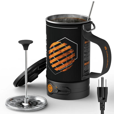 Stoke Voltaics electric kettle with French press accessory and power cord, modern outdoor design